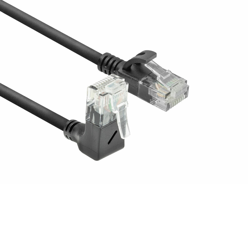 Black 0.25 meters U/UTP CAT6A LSZH Slimline patch cable with RJ45 connectors 90° angled up to straight