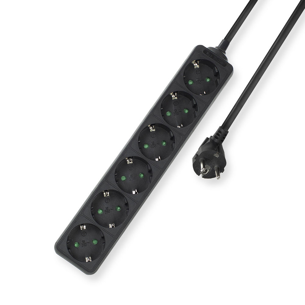 Power strip, 6 sockets, 3 m, black