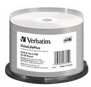 Verbatim DVD-R AZO 4.7GB 16X DL+ WHITE  WIDE THERMAL PRINTABLE  SURFACE NO-ID (50 PACK) DataLifePlus, DVD-R, Spindle, 50 pc(s), 4.7 GB