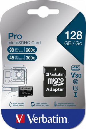 Verbatim MICRO SDXC CARD PRO UHS-3  128GB CLASS 10 INCL ADAPTOR  Pro, 128 GB, MicroSDXC, Class 10, UHS-I, 90 MB/s, 45 MB/s
