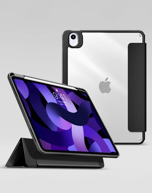 eSTUFF iPad Air 5/4 10.9 BOSTON  Detachable Mirror Pencil  Case. Black front/Transparent back. Corner protection