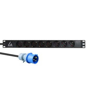 Lanview 19" rack mount power strip,  1U, 16A with 8 x Schuko type  F socket and 3m power cord and IEC 16A plug