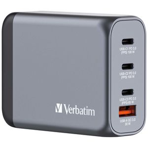 Verbatim GNC-100 GaN Charger 100W with  2 x USB-C PD 100W. 1 x USB-C  PD 65W  1 x USB-A QC 3.0 (EUUKUS)