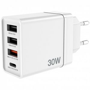 Verbatim USB Wall Charger 30W, White  1x USB-C PD 20W  1x USB-A QC  3.0  2x USB-A 10W