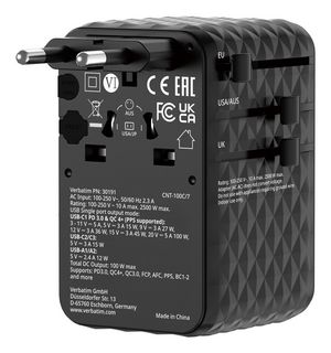 Verbatim Charge ?n? Travel 100W  Universal Travel Adapter with  Retractable Cable Black