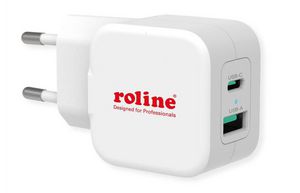 Roline USB WALL CHARGER EURO PLUG, 2  PORTS, 1X QC3, .0 A + 1X C  (PD), 20W, HVID