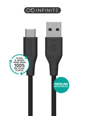eSTUFF INFINITE (GRS) USB-C to USB-A  Cable 2m Black. Recycled  Plastic. Super Soft