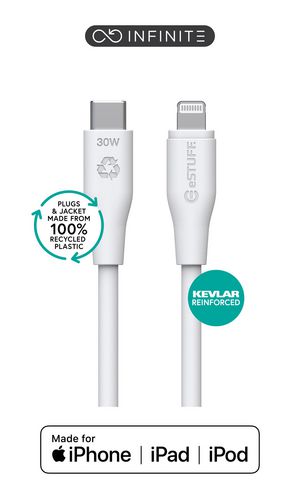 eSTUFF INFINITE (GRS) USB-C to  Lightning Cable MFI 3m White.  PVC Free Recycled Plastic