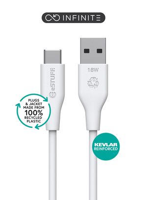 eSTUFF INFINITE (GRS) USB-C to USB-A  Cable 1m White. Recycled  Plastic. Super Soft