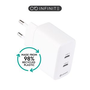 eSTUFF INFINITE (GRS) USB-C Charger  EU PD 35W Dynamic. 2 x USB-C.  White. 98% recycled plastic (rPC)