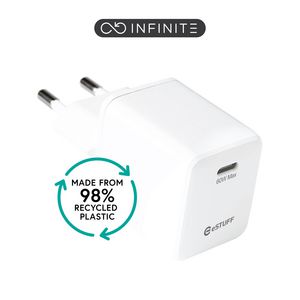 eSTUFF INFINITE (GRS) USB-C Charger  EU PD 60W GaN. 1 x USB-C.  White. 98% recycled plastic (rPC)