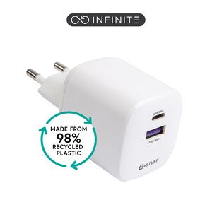eSTUFF INFINITE (GRS) USB-C Charger  EU PD 67W GaN. 1x USB-C - 1 X  USB-A. White. 98% recycled plastic (rPC)