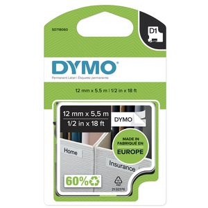DYMO D1 Permanent Polyestertape 12mm x 5,5m Black on white,