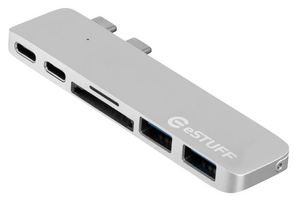 eSTUFF USB-C Slot-in Hub Pro Silver Allure Series For MacBook Pro 2 x USB 3.0, 1 x USB-C, 1 x Thunderbolt 3, Card reader