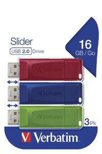 Verbatim USB DRIVE 2.0 STORE N GO SLIDER 3 X 16GB (RED / BLUE /  GREEN) Slider, 16 GB, USB Type-A, 2.0, Slide, 8 g, Blue,Green,Red