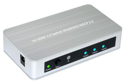 MicroConnect HDMI 2.0 Switch 3 to 1 way Supporting 4K 60Hz / HDCP2.2.  Aluminium/Plastic Switch