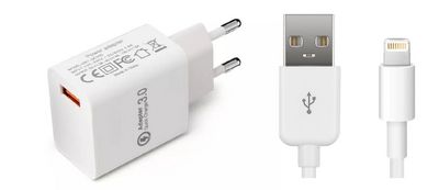 CoreParts USB Power Adapter 12W 5V/2.4A, 9V/2A, 12V/1.5A  EU Wall - Quick charge technology QC3.0 White with 1meter MFI Lightning Cable &