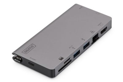 Digitus USB-C Multiport Travel Dock, 8 Port, gray 2x video, 2x USB  C, 2x USB3.0, RJ45,2x card reader