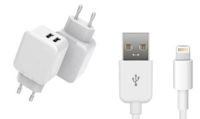 CoreParts USB Charger for iPhone & iPad 12W 5V 2.4A Output: Double  USB-A with 2meter lightning cable