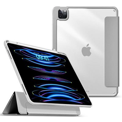 eSTUFF iPad Pro 12.9 2022/2021  BOSTON Detachable Mirror  Pencil Case. Grey front/Transparent back. Corner protection