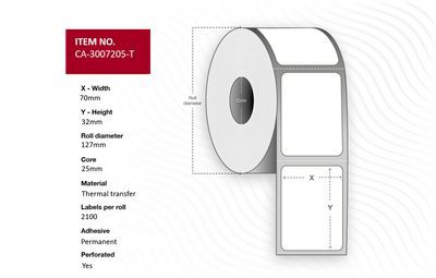 Capture Label 70 x 32mm, Core 25mm,  Thermal Transfer, Coated,  Permanent, Perforated, 2100 labels per roll, 4 rolls per box