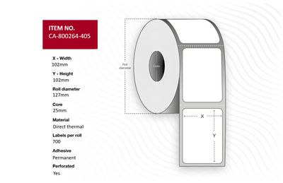 Capture Label 102 x 102mm, Core   25mm, Direct Thermal, Coated,  Permanent, Perforated, 700 labels per roll, 12 rolls per box