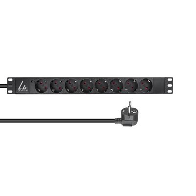 Lanview 19" rack mount power strip,  1U, 16A with 8 x Schuko type  F socket and 2m cable with Schuko type F plug