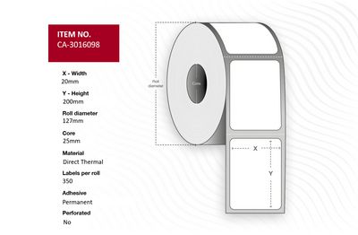 Capture Label 20x200, Direct thermal, Core 25, Outer diameter 127mm, Non-perforated, Non-coated, 350 labels per roll, 10 rolls per box.