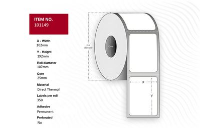 Capture Label 102x192 - Core 25.  White. Uncoated. DT.  Permanent. No perforation. 350 labels per roll. 18 rolls per box