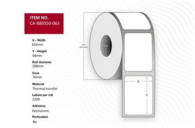 Capture Label 102 x 64mm, Core 76mm, Thermal Transfer, Polyester, Permanent, No perforation, 2220 labels per roll, 4 rolls per box