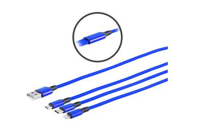 MicroConnect USB-A splitter cable with USB-C, USB Micro-B and Lightning plugs, 1,2 meter Blue