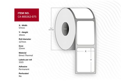 Capture Label 57 x 19mm, Core 25mm, Direct Thermal, Coated, Permanent, Perforated, 3315 labels per roll, 12 rolls per box