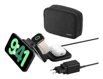 Belkin Wireless Charger mit QI2 (3-in-1), 15W magnetische Reiseladestation mit Power Adapter (36W) + USB-C Kabel (1,5m) einklappbar Schwarz 15W
