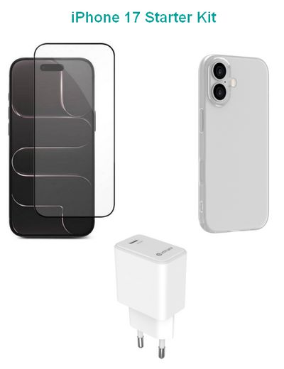 eSTUFF Kit for iPhone 17. Charger, Cover, Glass. Brown Box.