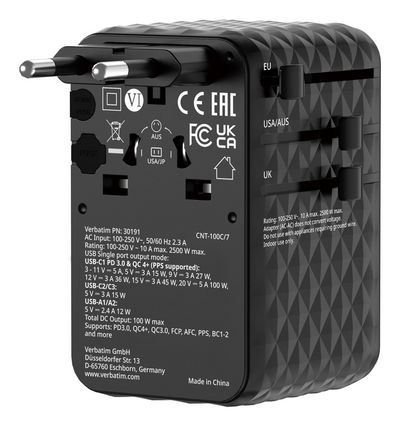 Verbatim Charge ?n? Travel 100W  Universal Travel Adapter with  Retractable Cable Black
