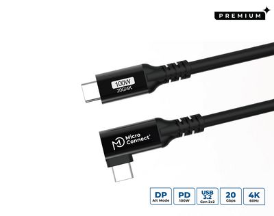 MicroConnect USB-C to USB-C Premium cable  4m, 100W, 20Gbps, USB 3.2 Gen  2x2, Angled