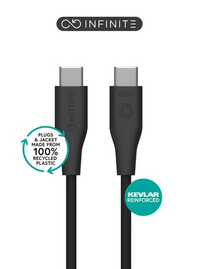 eSTUFF INFINITE (GRS) USB-C to USB-C Cable 1m Black. Recycled Plastic. Super Soft