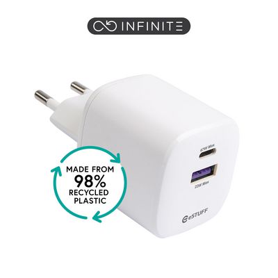 eSTUFF INFINITE (GRS) USB-C Charger  EU PD 67W GaN. 1x USB-C - 1 X  USB-A. White. 98% recycled plastic (rPC)