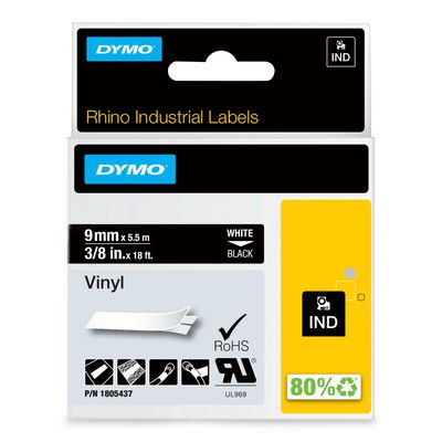 DYMO RHINO 9 MM VINYL WHITE ON  BLACK IND Vinyl Labels, White  on black, Multicolour, Vinyl, -40 - 80 ?C, UL 969, DYMO